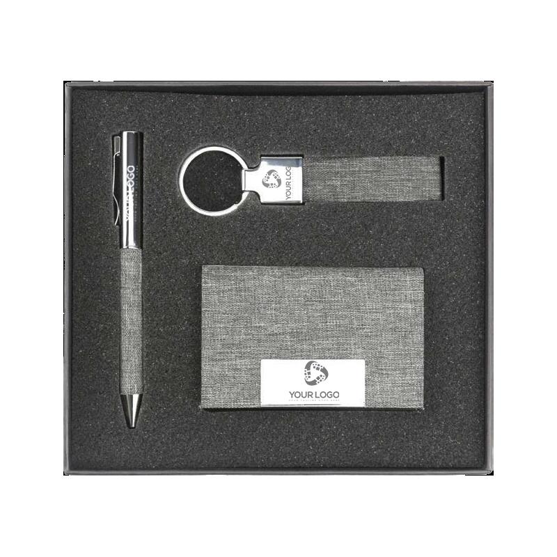 Black Cardboard Gift Boxv - RPET Fabric Business Card Holder, Metal Keychain With RPET Fabric Strap